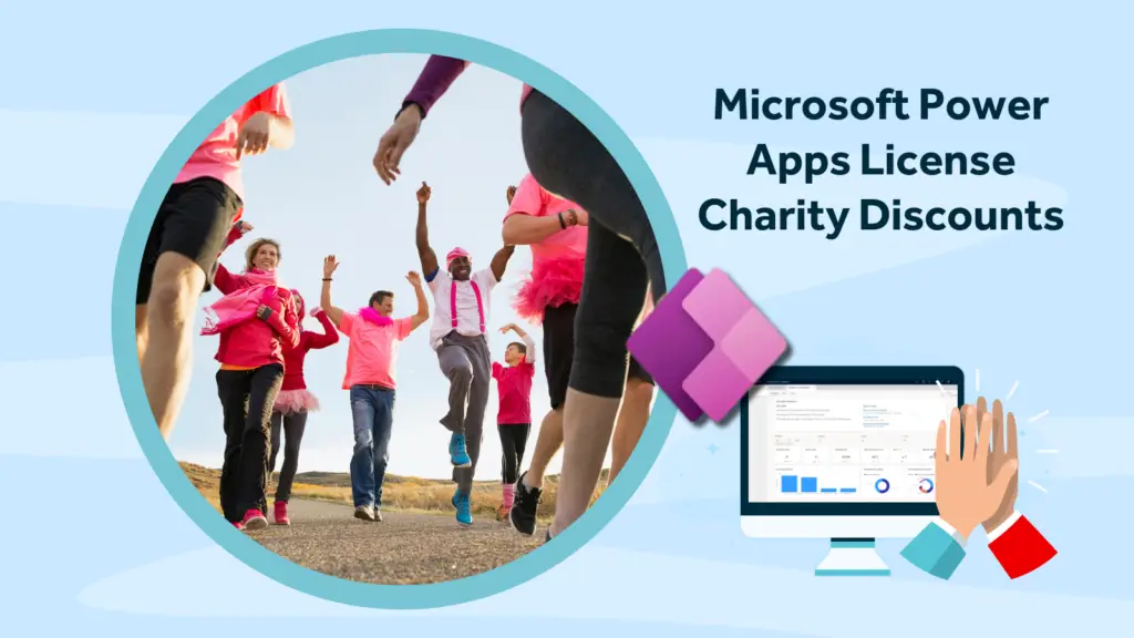 fundraisers taking part in charity event with desktop graphic showing charity CRM with hands high fiving and title 'Microsoft Power Apps License Charity Discounts'.