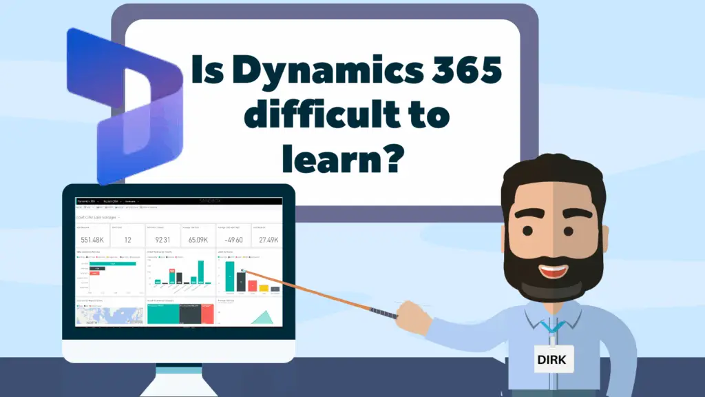 Dynamics 365 specialist pointing to a desktop screen showing Dynamics 365 software with text: ' Is Dynamics 365 difficult to learn?' behind. With the Dynamics 365 logo.