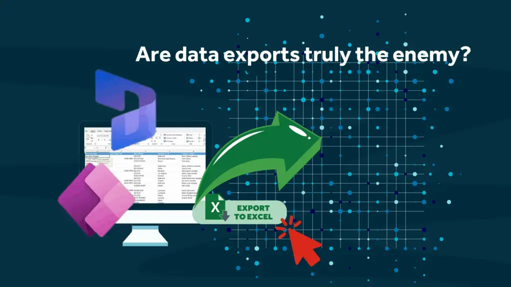 Computer screen with data grid, Microsoft and Excel logos, an "Export to Excel" button, green arrow, and text "Are data exports truly the enemy?" on a blue digital background.