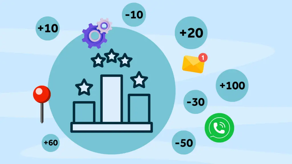 A podium with stars is centered, surrounded by circles showing various numbers, a red location pin, gears, an envelope with a notification, and a green phone icon.