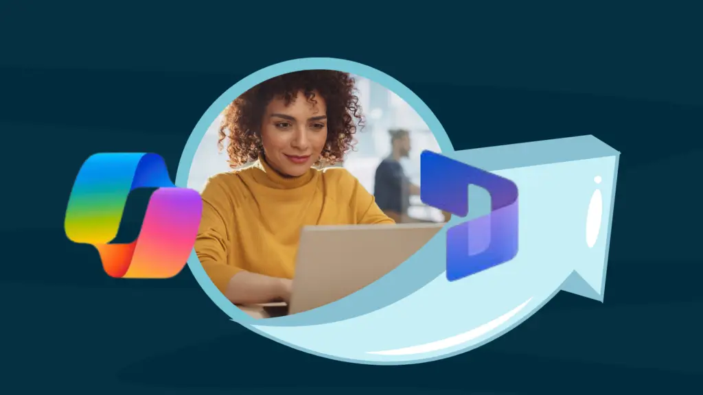 female Dynamics 365 user on laptop featuring Microsoft Copilot and Dynamics 365, with a colourful arrow pointing towards the screen.