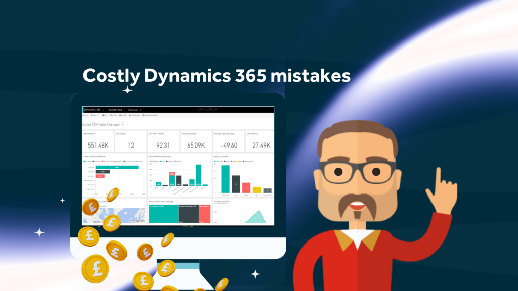A cartoon man points upward next to a computer screen displaying graphs and charts, with coins and currency symbols falling out. Text reads: “Costly Dynamics 365 mistakes.”.
