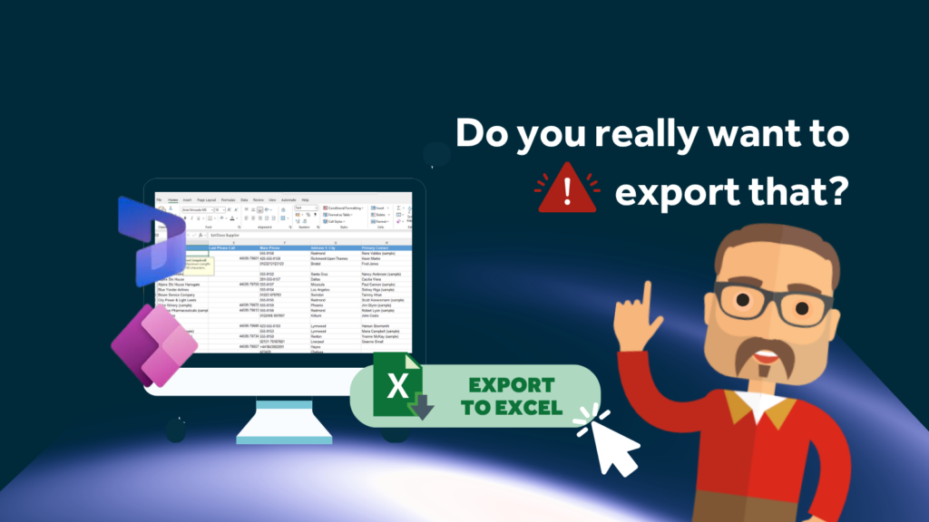 Illustration of a person pointing at a computer screen with data and text saying, “Do you really want to export that?”, with an “Export to Excel” button below.